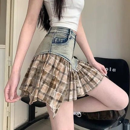 Mini Skirt Women Patchwork High Waist A-Line Denim Skirt - Mini Skirt - AOMEI - Mad Fly Essentials