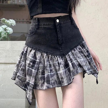 Mini Skirt Women Patchwork High Waist A-Line Denim Skirt - Mini Skirt - AOMEI - Mad Fly Essentials