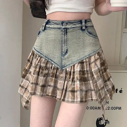 Mini Skirt Women Patchwork High Waist A-Line Denim Skirt - Mini Skirt - AOMEI - Mad Fly Essentials