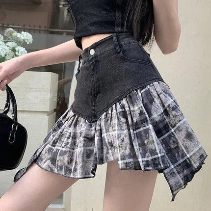 Mini Skirt Women Patchwork High Waist A-Line Denim Skirt - Mini Skirt - AOMEI - Mad Fly Essentials