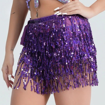 Mini Skirt Women Sequin Tassel Belly Dancing Skirt - Mini Skirt - AILINGE - Mad Fly Essentials
