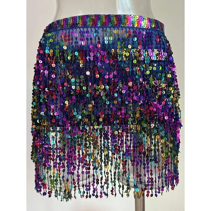 Mini Skirt Women Sequin Tassel Belly Dancing Skirt - Mini Skirt - AILINGE - Mad Fly Essentials
