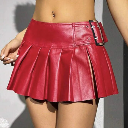 Mini Skirt Women Silver Leather Pleated Belted Skirt - Mini Skirt - BADAWEN - Mad Fly Essentials