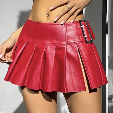 Mini Skirt Women Silver Leather Pleated Belted Skirt - Mini Skirt - BADAWEN - Mad Fly Essentials