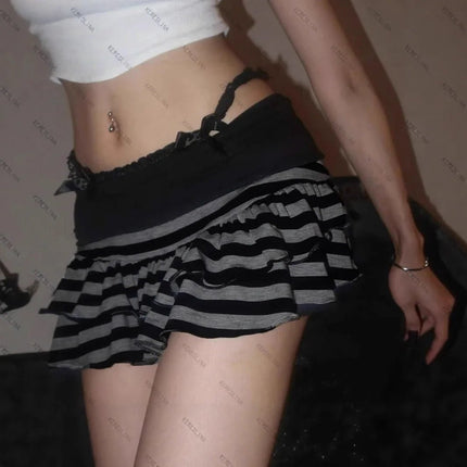 Mini Skirt Women Y2K Black Grey Striped Skirt - Mini Skirt - EAEOVNI - Mad Fly Essentials