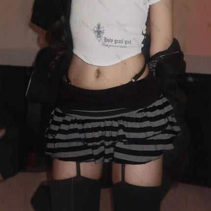 Mini Skirt Women Y2K Black Grey Striped Skirt - Mini Skirt - EAEOVNI - Mad Fly Essentials