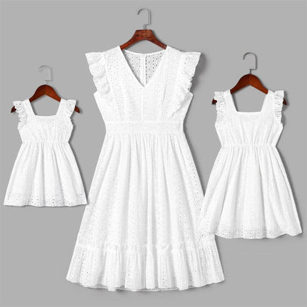 Mother Daughter Sleeveless White Hollow Ruffle Party Dress - Party Dress - PatPat - Mad Fly Essentials
