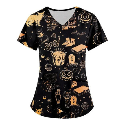 Nursing Scrub Women Halloween Black Cat Vet Medical Scrubs - Nursing Scrub - Hennar - Mad Fly Essentials