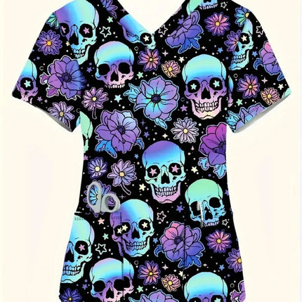 Nursing Scrub Women Halloween Skull Print Medical Uniform - Nursing Scrub - AltGoth - Mad Fly Essentials