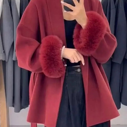 Outerwear Women Retro Fur Patchwork Woolen Maxi Coat - Outerwear - TUMILKETS - Mad Fly Essentials