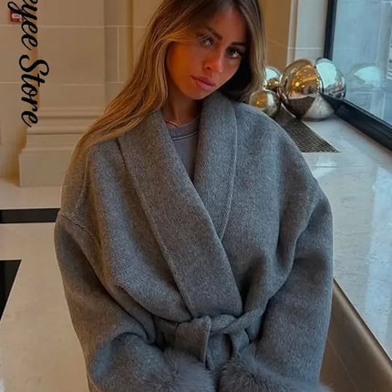 Outerwear Women Retro Fur Patchwork Woolen Maxi Coat - Outerwear - TUMILKETS - Mad Fly Essentials
