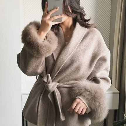 Outerwear Women Retro Fur Patchwork Woolen Maxi Coat - Outerwear - TUMILKETS - Mad Fly Essentials