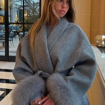 Outerwear Women Retro Fur Patchwork Woolen Maxi Coat - Outerwear - TUMILKETS - Mad Fly Essentials
