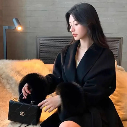 Outerwear Women Retro Fur Patchwork Woolen Maxi Coat - Outerwear - TUMILKETS - Mad Fly Essentials