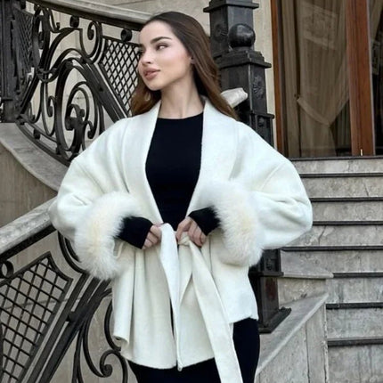 Outerwear Women Retro Fur Patchwork Woolen Maxi Coat - Outerwear - TUMILKETS - Mad Fly Essentials