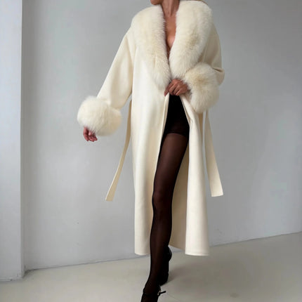 Outerwear Women Retro Fur Patchwork Woolen Maxi Coat - Outerwear - TUMILKETS - Mad Fly Essentials
