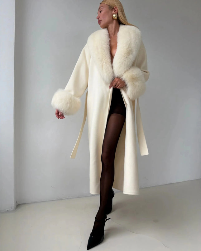 Outerwear Women Retro Fur Patchwork Woolen Maxi Coat - Outerwear - TUMILKETS - Mad Fly Essentials