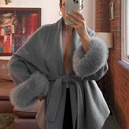 Outerwear Women Retro Fur Patchwork Woolen Maxi Coat - Outerwear - TUMILKETS - Mad Fly Essentials