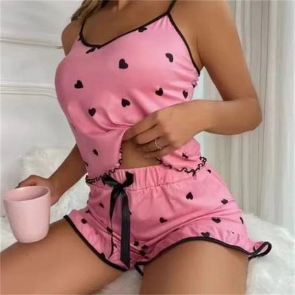 Pajama Set Women Ice Silk Hearts Floral Homewear - Pajama Set - Bsailen - Mad Fly Essentials