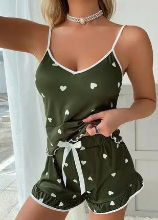 Pajama Set Women Ice Silk Hearts Floral Homewear - Pajama Set - Bsailen - Mad Fly Essentials