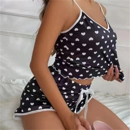 Pajama Set Women Ice Silk Hearts Floral Homewear - Pajama Set - Bsailen - Mad Fly Essentials