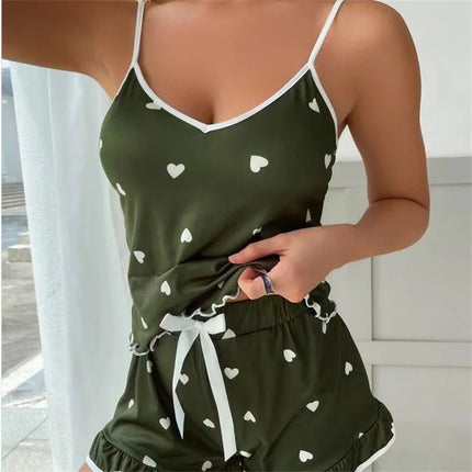 Pajama Set Women Ice Silk Hearts Floral Homewear - Pajama Set - Bsailen - Mad Fly Essentials
