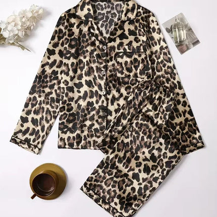Pajama Set Women Winter Silk Satin Leopard Sleepwear Set - Pajama Set - daeyard - Mad Fly Essentials