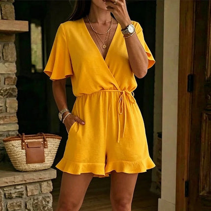 Romper Women Solid V-Neck Summer Jumpsuit - Romper - Jadoutin - Mad Fly Essentials