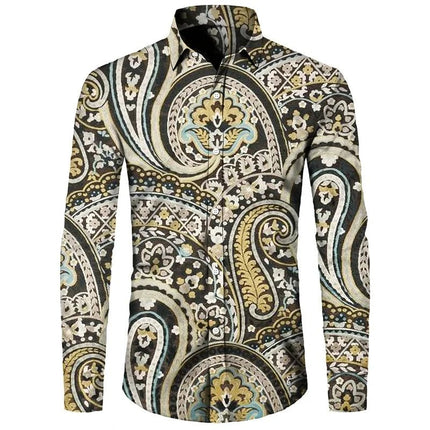 Shirt Men 3D Baroque Button Long Lapel Shirt - Shirt - BIRDTREE TB - Mad Fly Essentials