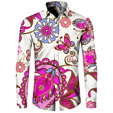 Shirt Men 3D Baroque Button Long Lapel Shirt - Shirt - BIRDTREE TB - Mad Fly Essentials