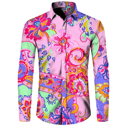 Shirt Men 3D Baroque Button Long Lapel Shirt - Shirt - BIRDTREE TB - Mad Fly Essentials