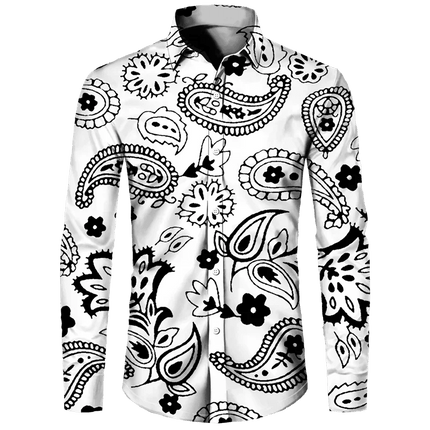 Shirt Men 3D Baroque Button Long Lapel Shirt - Shirt - BIRDTREE TB - Mad Fly Essentials