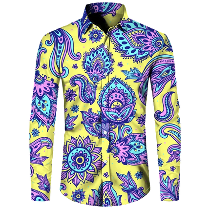 Shirt Men 3D Baroque Button Long Lapel Shirt - Shirt - BIRDTREE TB - Mad Fly Essentials