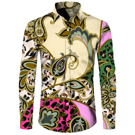 Shirt Men 3D Baroque Button Long Lapel Shirt - Shirt - BIRDTREE TB - Mad Fly Essentials