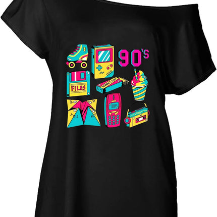 Shirt Women Off-Shoulder 90s Retro Graphic Tee - Shirt - mnealways18 - Mad Fly Essentials