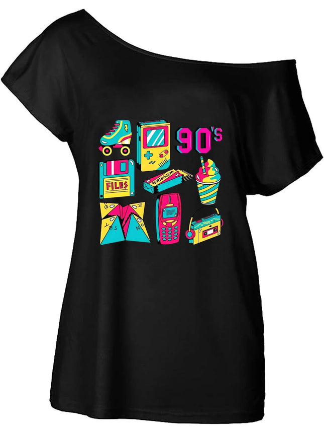 Shirt Women Off-Shoulder 90s Retro Graphic Tee - Shirt - mnealways18 - Mad Fly Essentials