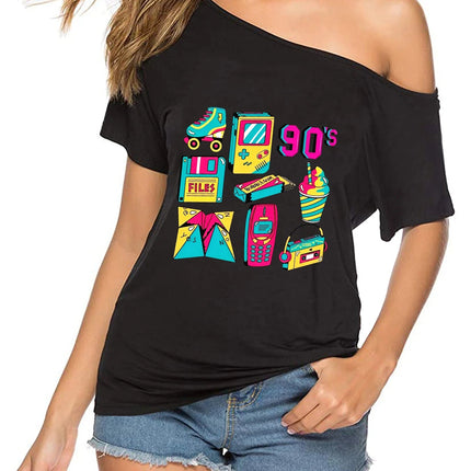 Shirt Women Off-Shoulder 90s Retro Graphic Tee - Shirt - mnealways18 - Mad Fly Essentials