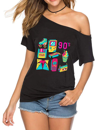 Shirt Women Off-Shoulder 90s Retro Graphic Tee - Shirt - mnealways18 - Mad Fly Essentials