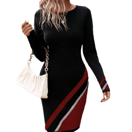 Sweater Dress Women Striped O-Neck Long Evening Dress - Sweater Dress - Nadafair - Mad Fly Essentials