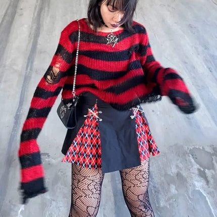 Sweater Women Gothic Long Striped Pullover Sweater - Sweater - lunoakvo - Mad Fly Essentials