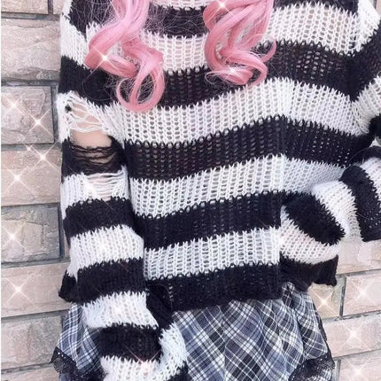 Sweater Women Gothic Long Striped Pullover Sweater - Sweater - lunoakvo - Mad Fly Essentials