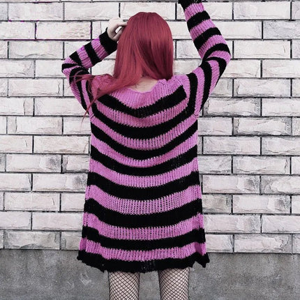 Sweater Women Gothic Long Striped Pullover Sweater - Sweater - lunoakvo - Mad Fly Essentials