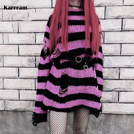 Sweater Women Gothic Long Striped Pullover Sweater - Sweater - lunoakvo - Mad Fly Essentials