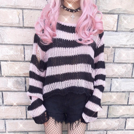 Sweater Women Gothic Long Striped Pullover Sweater - Sweater - lunoakvo - Mad Fly Essentials