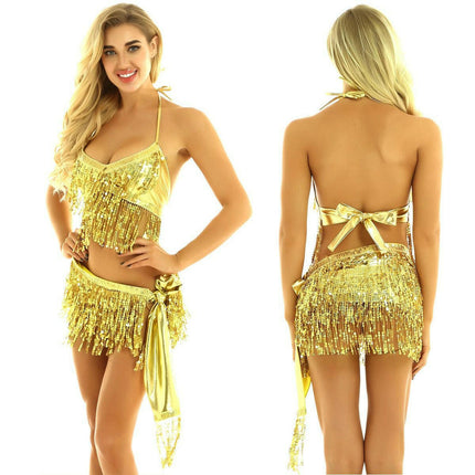Tiaobug Women's Shop A-Gold / One Size Women Halter Sequins Belly-Dance-Costume Tops+Skirt Set