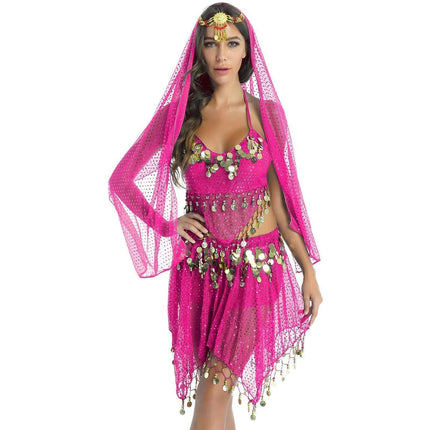 Tiaobug Women's Shop A-Hot Pink / One Size Women Halter Sequins Tassels Belly-Dance-Costume Tops+Wrap Skirt Set