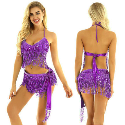 Tiaobug Women's Shop A-Purple / One Size Women Halter Sequins Belly-Dance-Costume Tops+Skirt Set