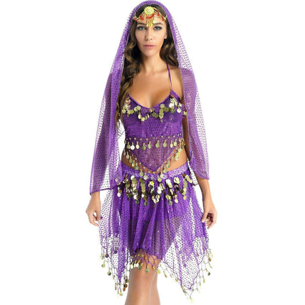 Tiaobug Women's Shop A-Purple / One Size Women Halter Sequins Tassels Belly-Dance-Costume Tops+Wrap Skirt Set
