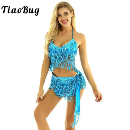 Tiaobug Women's Shop Women Halter Sequins Belly-Dance-Costume Tops+Skirt Set