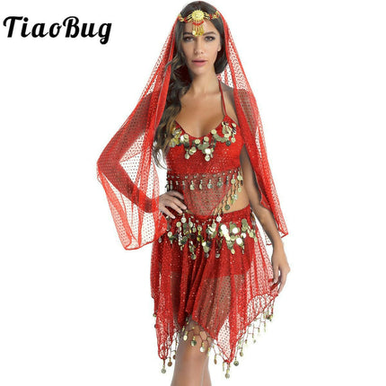 Tiaobug Women's Shop Women Halter Sequins Tassels Belly-Dance-Costume Tops+Wrap Skirt Set